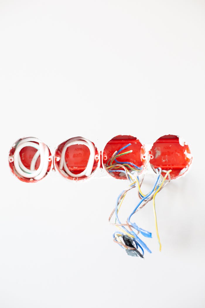 Services-02 Detailed view of exposed electrical wiring for home renovation on a white wall.